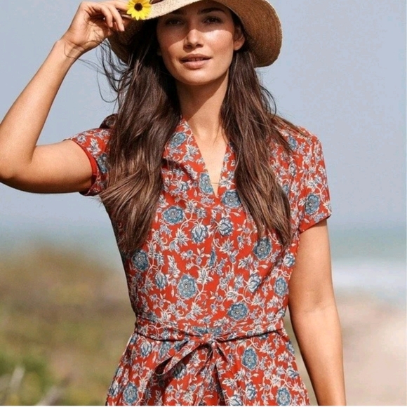 Ralph Lauren Floral Midi Dress Belt Red Blue Lined Fit Flare V Neck NWOT 10 - Picture 4 of 16